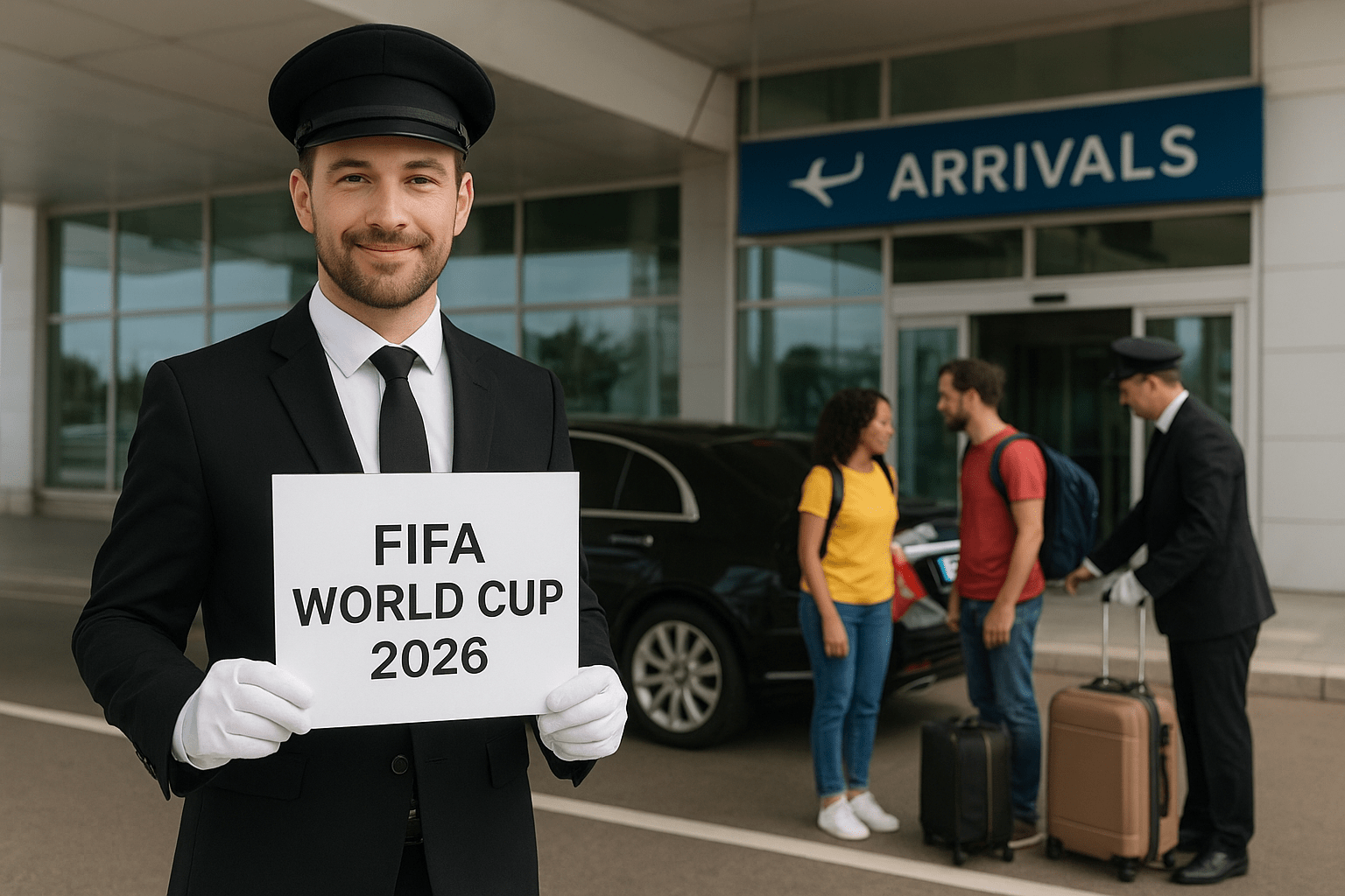 Professional chauffeur holding a placard at Houston airport for international fans arriving for transfer.