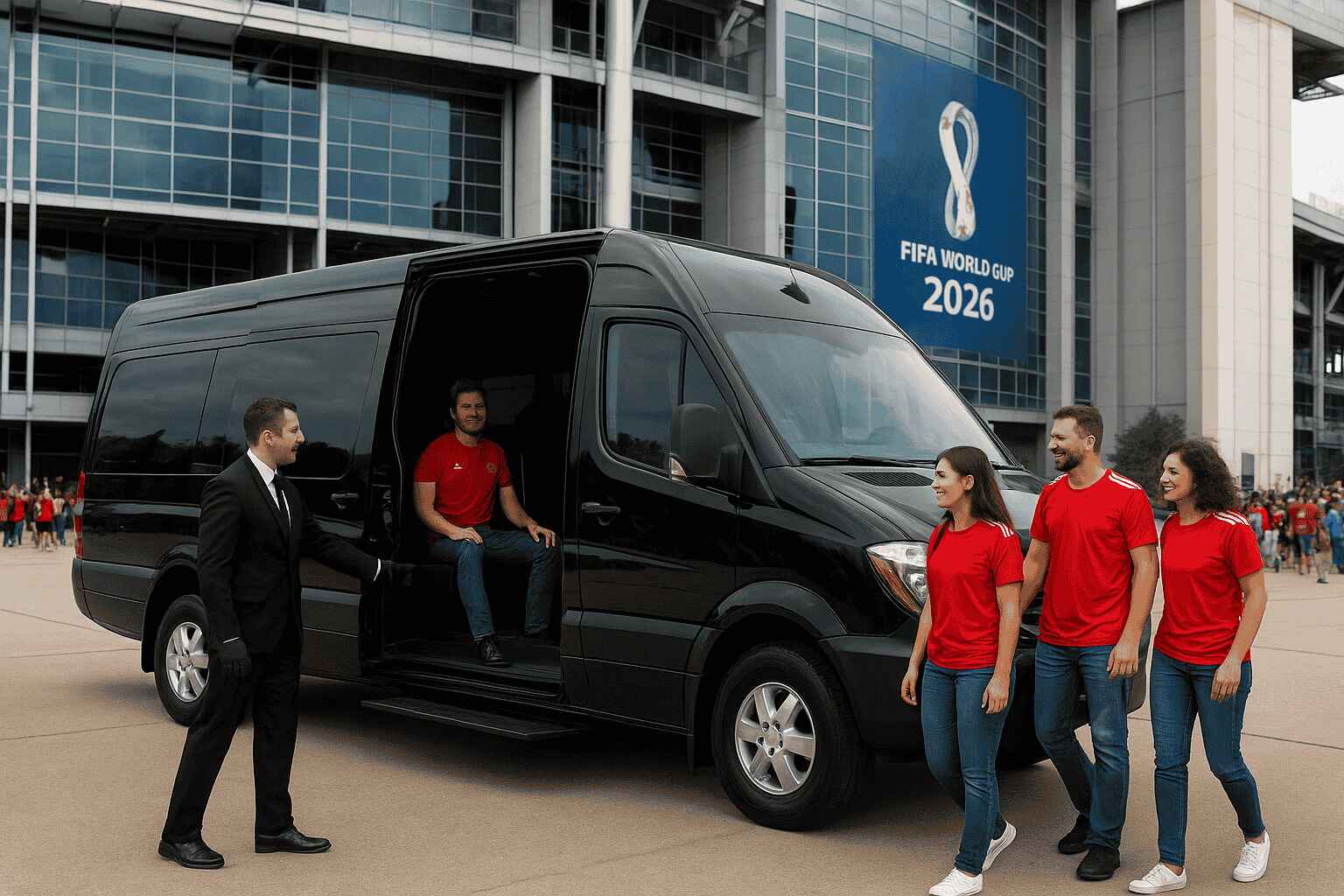 Professional chauffeur opening the door of a Mercedes Sprinter van for a small group of passengers in soccer jerseys, ready for a game day transfer.