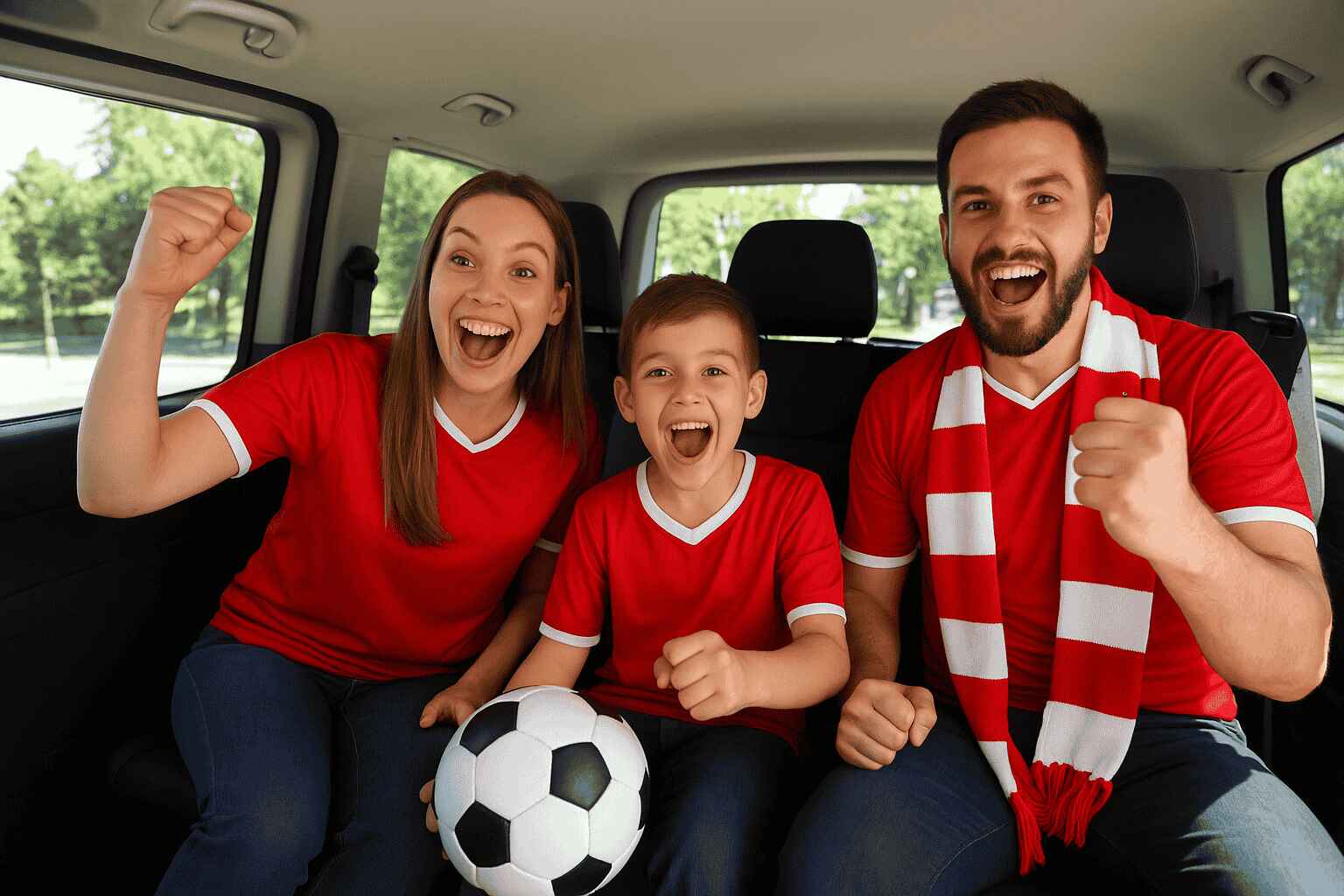 Excited families and soccer fans riding together in a luxury van, sharing fun and excitement on the way to FIFA 2026 Houston stadium.