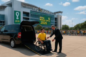 A wheelchair-accessible van dropping off passengers with mobility needs at NRG Stadium in Houston for the FIFA World Cup.