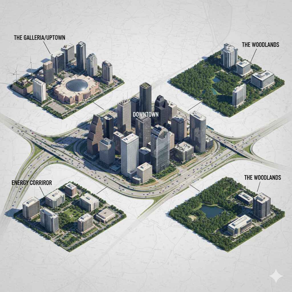 Map showing best neighborhoods in Houston for business travelers including Downtown, Galleria, and Energy Corridor