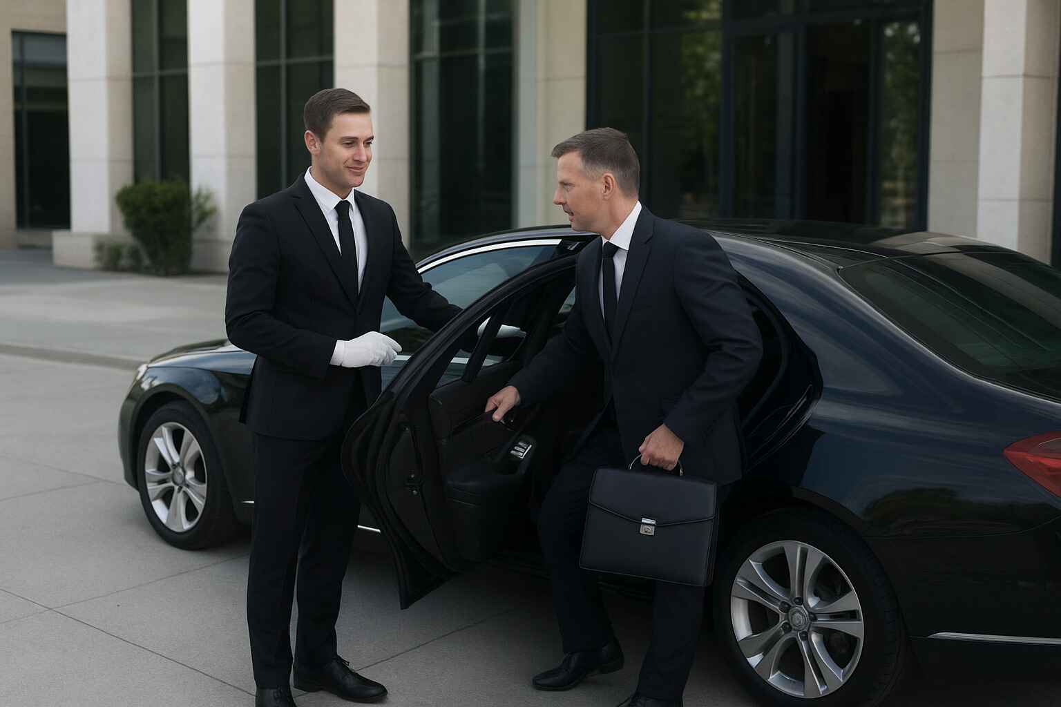 Professional chauffeur providing point-to-point car service for a business executive in downtown Houston.