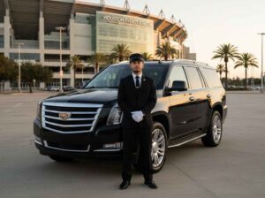 Chauffeur in suit waiting beside a luxury SUV for hourly car service near Houston event venue.