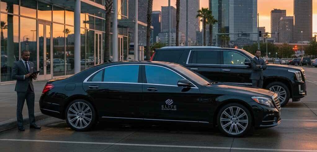 Black luxury sedan and chauffeur SUV outside a Houston event venue representing point-to-point and hourly car services.
