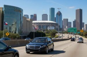 Luxury limousine driving near NRG Stadium offering Houston point-to-point limo service