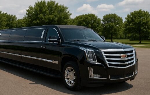Black SUV stretch limousine parked ready for group or party transport in Dallas