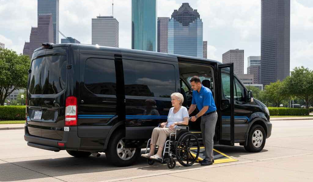 Trained wheelchair transportation driver in Houston assisting passenger safely