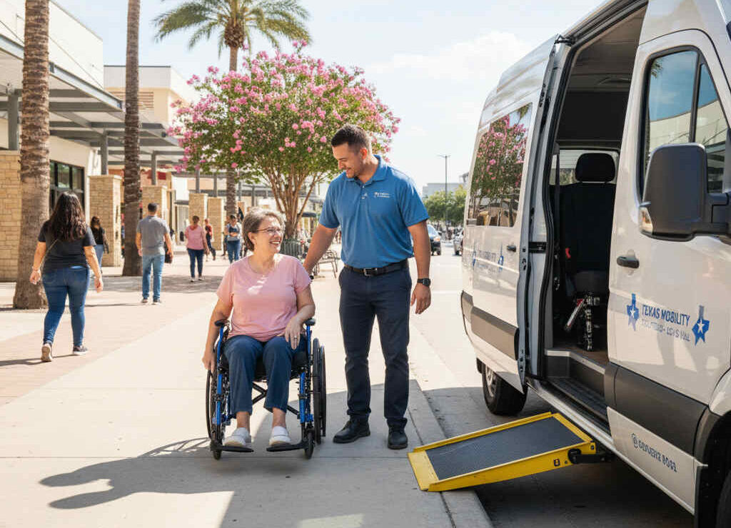 Trained wheelchair transportation driver assisting passenger with safe boarding and securement