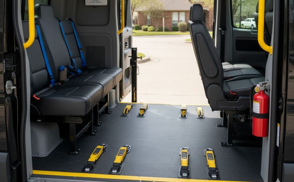 Interior of ADA-compliant wheelchair van with secure wheelchair restraints in Spring Texas