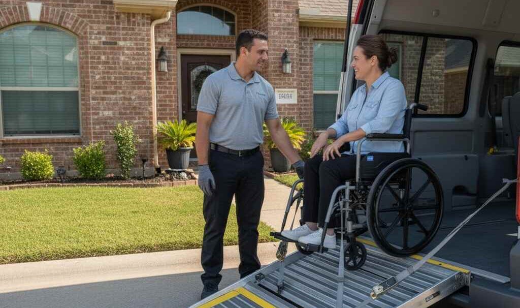 Trained driver providing door-to-door wheelchair transportation service in Katy, Texas