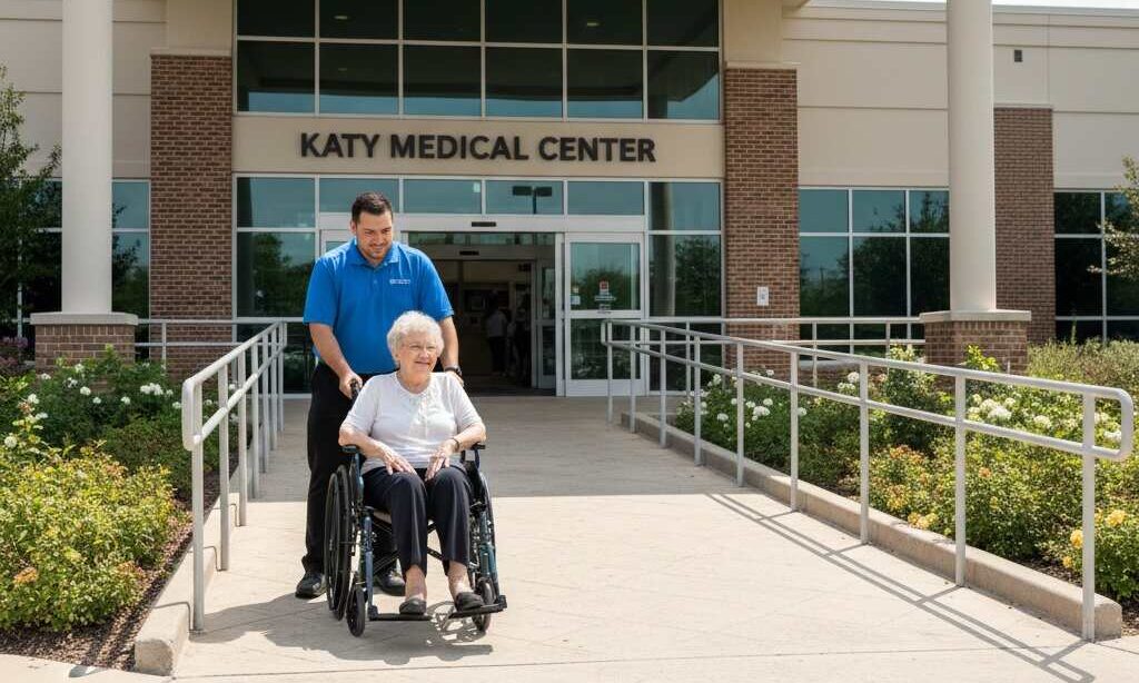 Professional driver helping a wheelchair patient access a medical facility in Katy, Texas