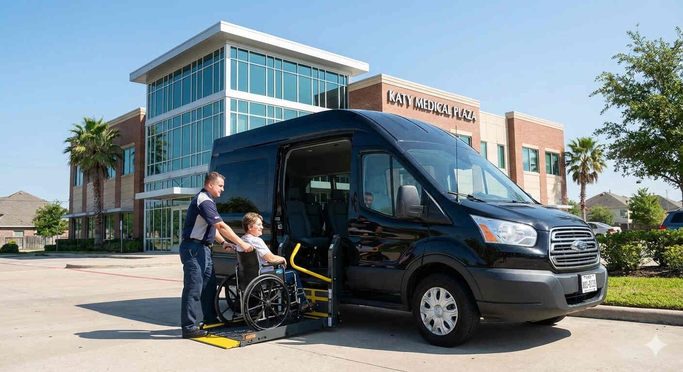 Wheelchair user boarding an ADA-compliant van in Katy, Texas with professional driver assistance