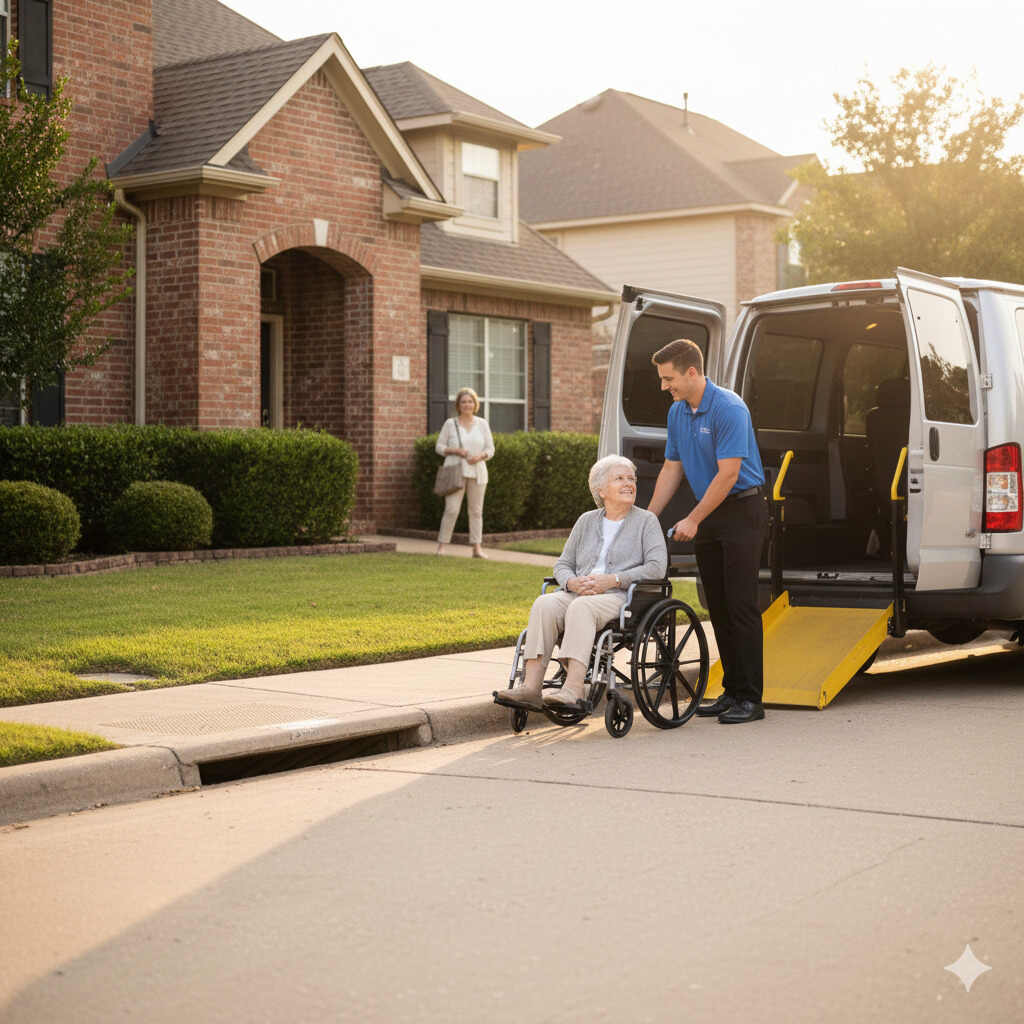 Wheelchair user boarding an ADA-compliant van in Katy, Texas with professional driver assistance