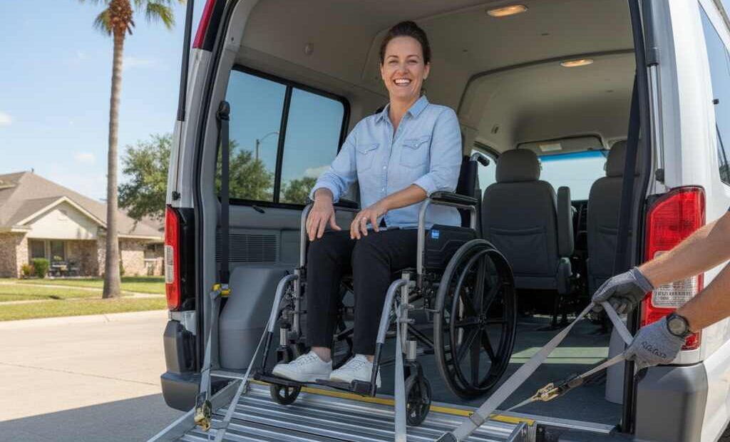 Happy wheelchair user enjoying safe and reliable wheelchair transportation in Katy, TX