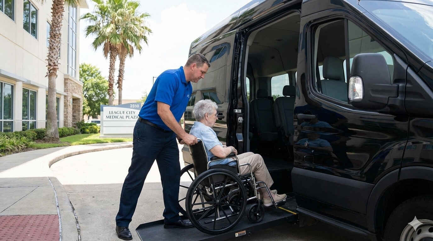Wheelchair user being assisted by driver to League City hospital for a medical appointment