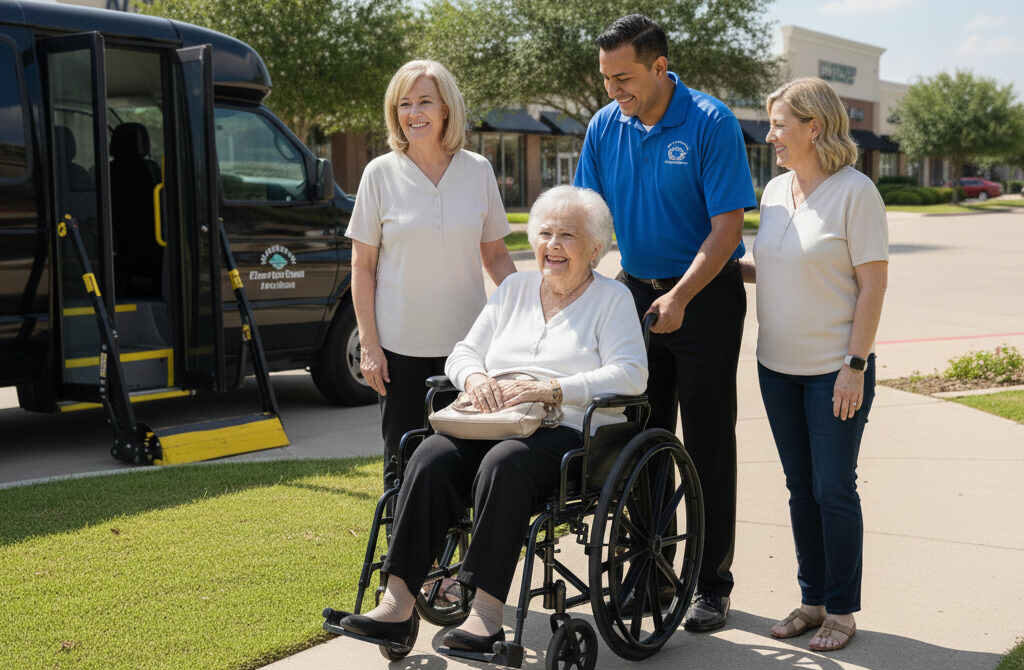 Trained wheelchair transportation driver assisting passenger with safe boarding and securement