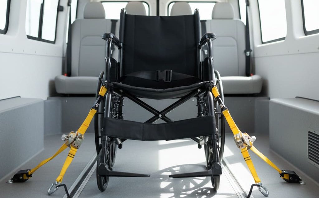 Secure wheelchair restraint system inside Houston ADA-compliant transportation van