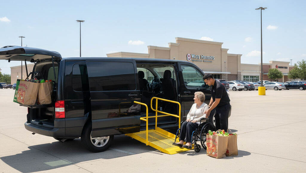 Driver helping senior wheelchair user with grocery shopping in League City