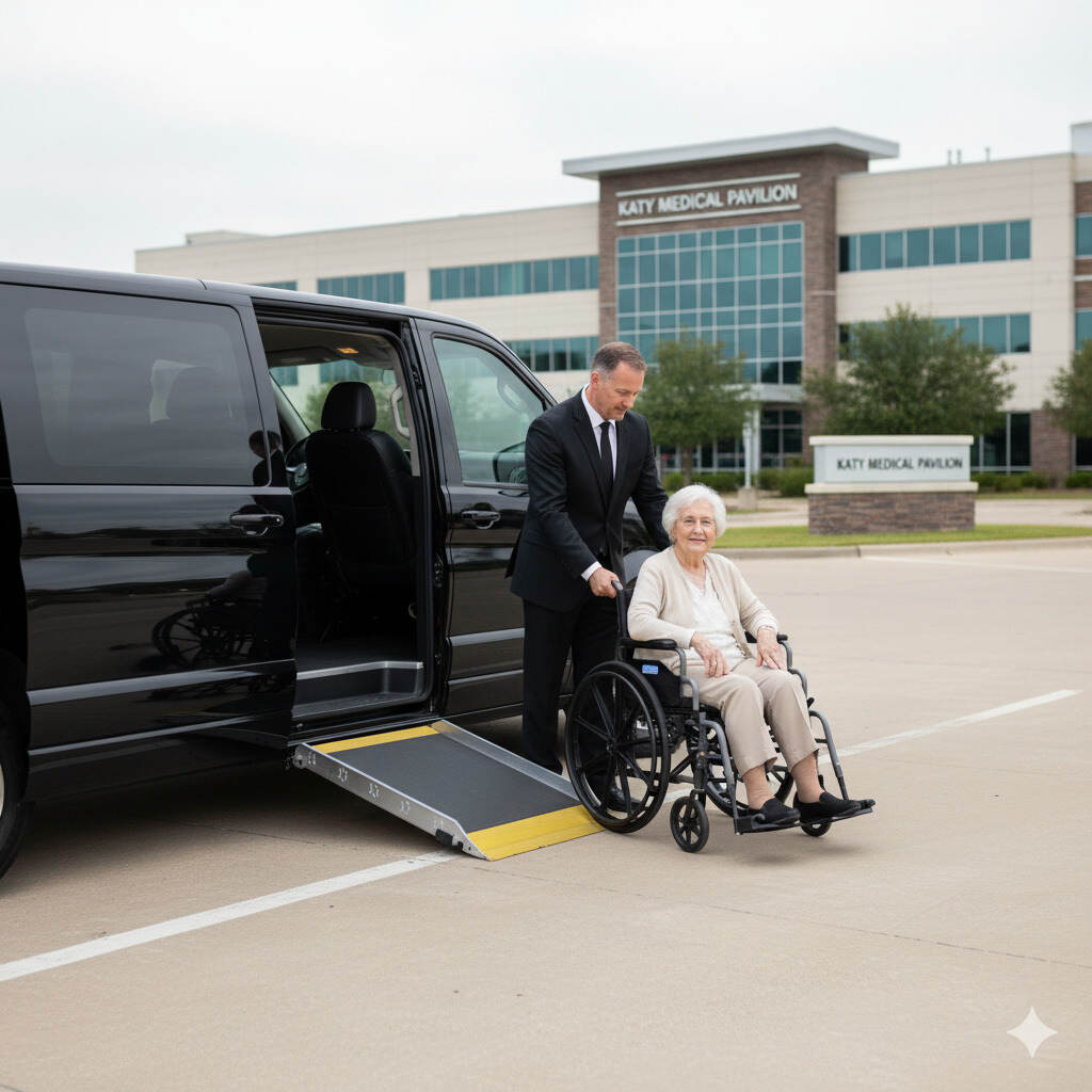 Wheelchair accessible transportation service in Fulshear TX with trained driver assisting passenger
