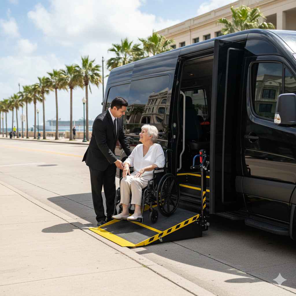 Wheelchair transportation service in Galveston TX with ADA-compliant van and trained driver