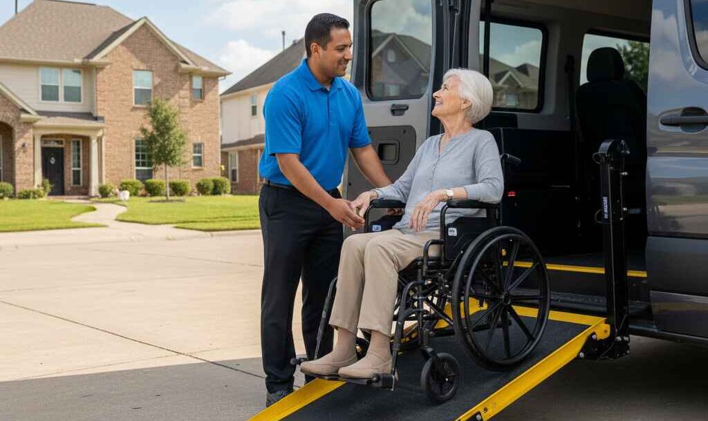 Wheelchair transportation in Houston with ADA-compliant van and trained driver assisting passenger