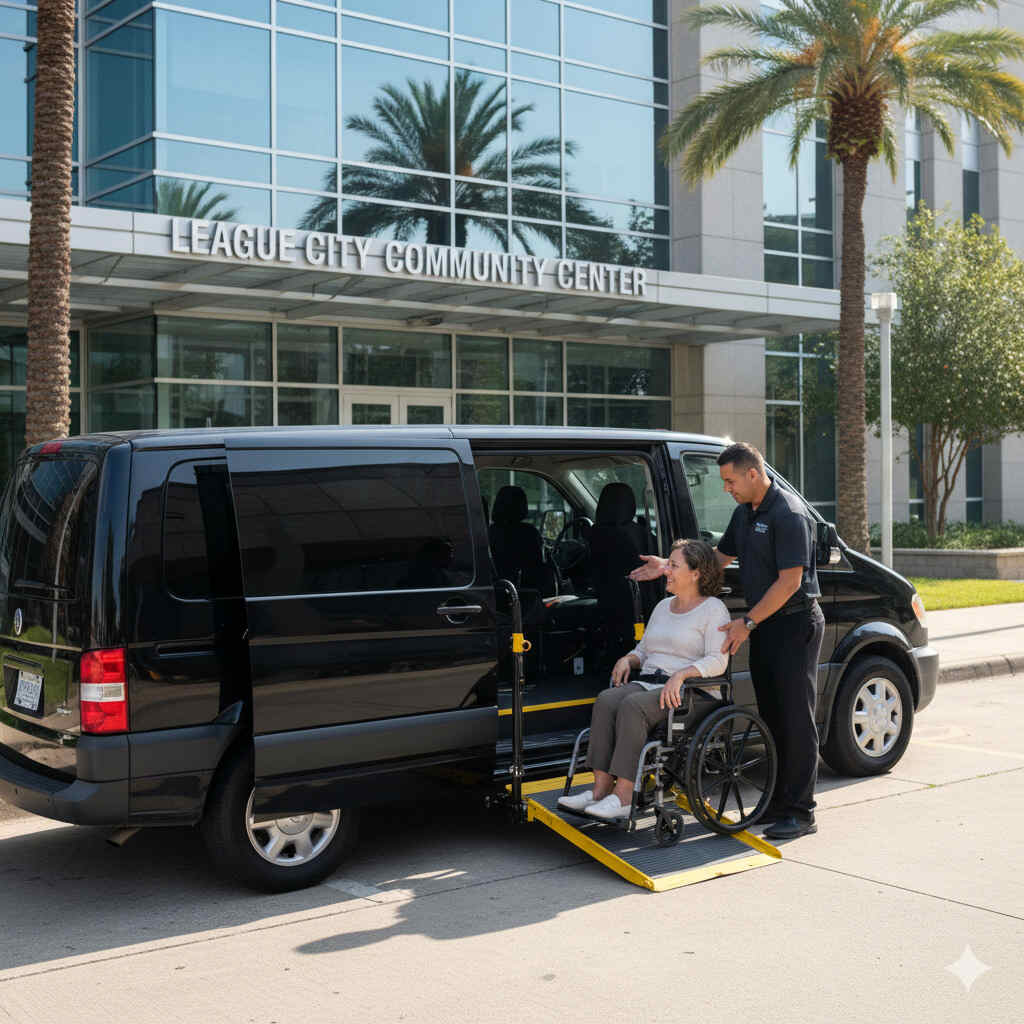 Wheelchair-accessible van in League City with professional driver assisting passenger