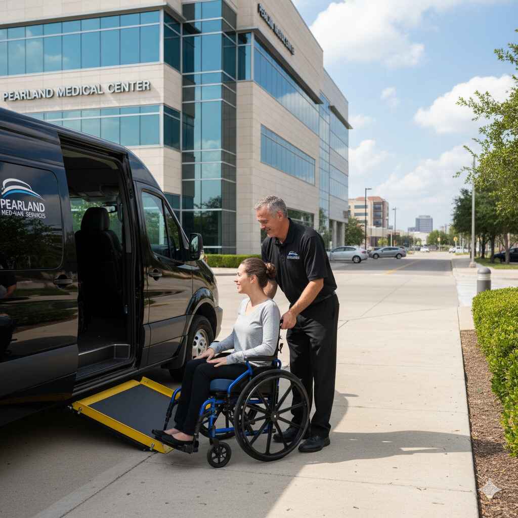Professional driver assisting a passenger into a wheelchair-accessible van in Pearland, Texas