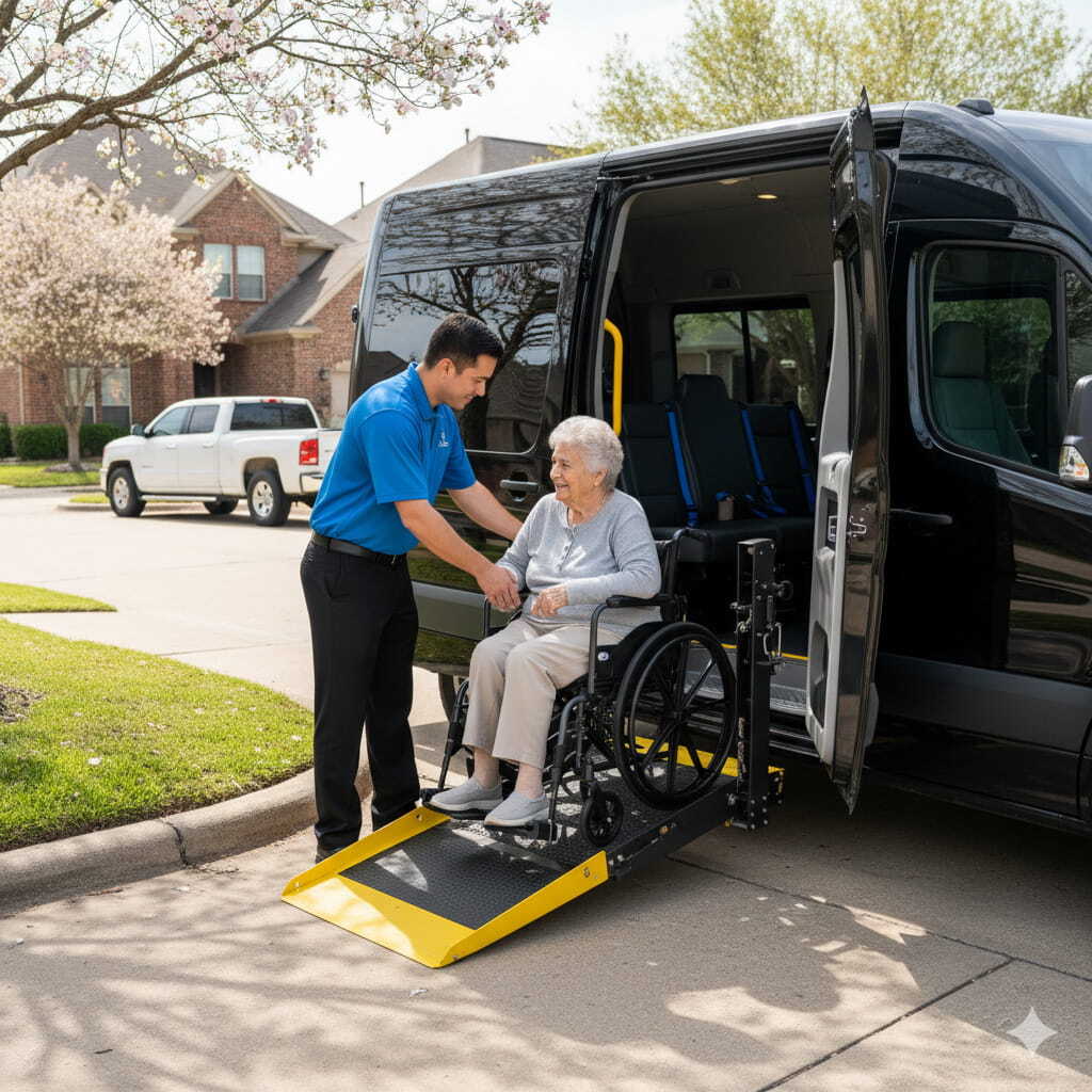 Wheelchair transportation service in Spring TX with ADA-compliant van and trained driver assisting passenger