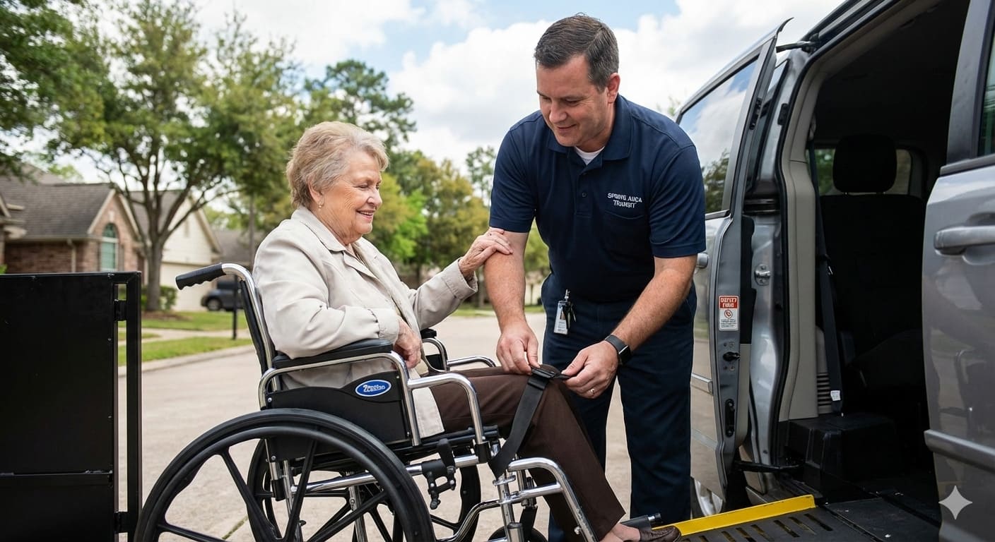 Professional driver assisting wheelchair passenger safely during pickup in Spring TX