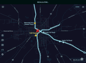 Map showing alternate routes around I-10 construction including Memorial Drive and Hardy Toll Road