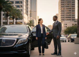 Professional chauffeur service picking up passenger in Houston to avoid traffic stress