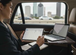 Executive planning tasks and schedule while working from a mobile office in a luxury sedan