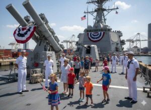Visitors touring a U.S. Navy ship docked at Port of Houston during Fleet Week 2026