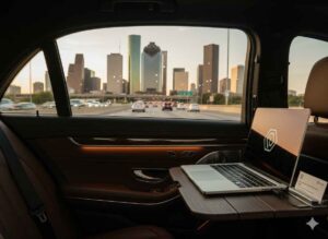 Houston business commute viewed from inside a luxury black car used as a mobile office