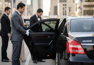 Professional chauffeur opening door of luxury black car for Fleet Week Houston transportation