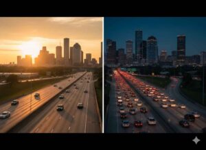 Comparison of light early morning traffic and heavy evening rush hour traffic in Houston