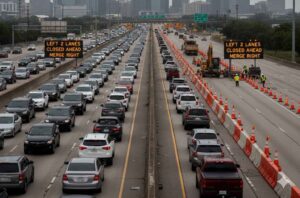 Traffic congestion on I-10 during the White Oak Bayou elevation construction project in Houston