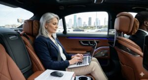 Executive working from the backseat of a luxury sedan in Houston using a chauffeur-driven black car service