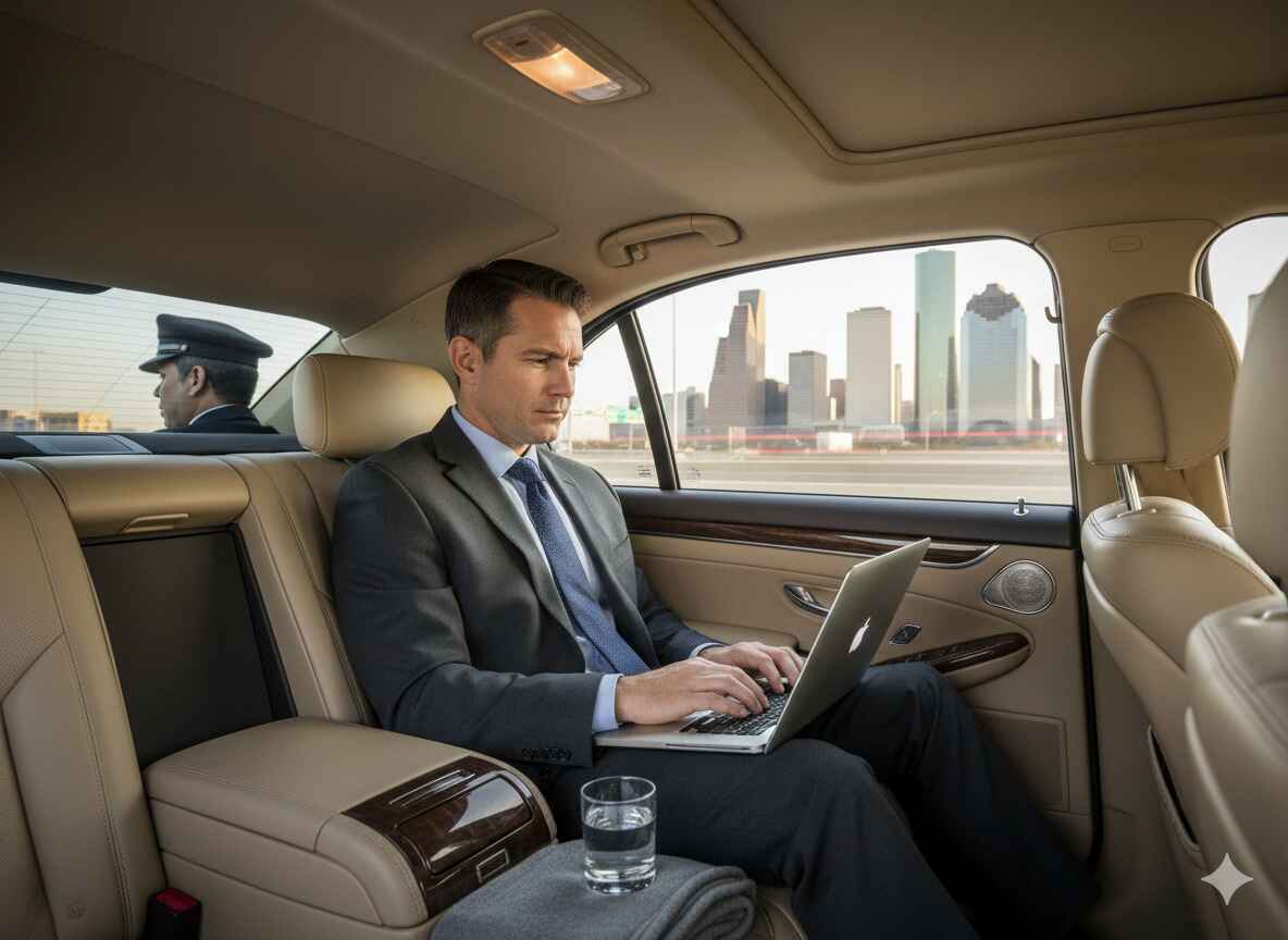 Executive working on a laptop inside a luxury black car in Houston using a chauffeur-driven mobile office