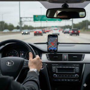 Driver using navigation app to avoid traffic during Houston freeway construction