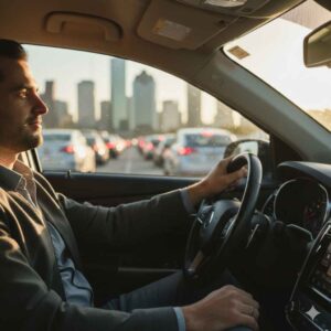 Driver staying calm while stuck in Houston traffic during construction delays