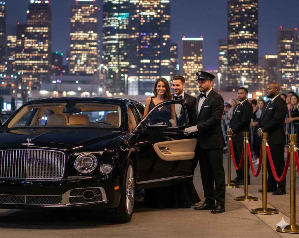 VIP entrance arrival at Houston luxury venues with chauffeur-driven black car