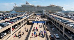 Cruise passengers parking cars in the Galveston cruise port parking garage before a 7-day cruise