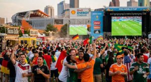 Crowds watching live World Cup match screenings at FIFA Fan Festival near Shell Energy Stadium in Houston EaDo