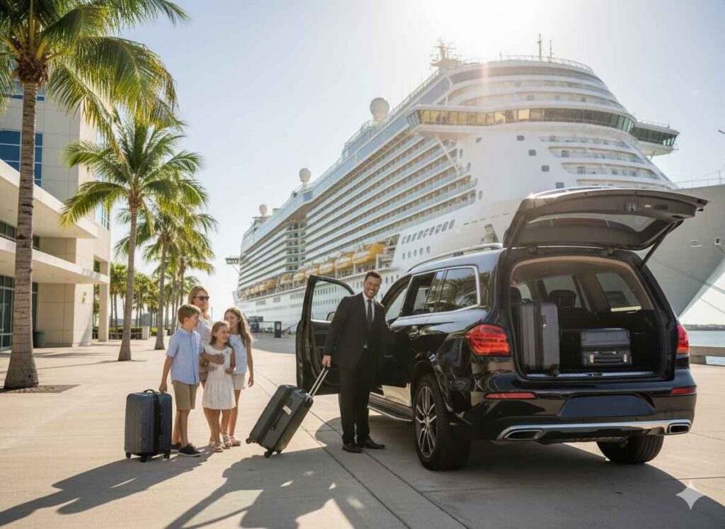 Private car service dropping passengers with luggage at the Port of Galveston cruise terminal instead of using cruise parking