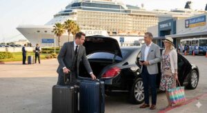 Group travelers boarding a luxury Sprinter van for private transportation to the Port of Galveston cruise terminal