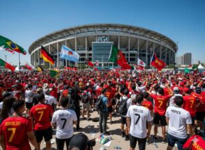 International soccer fans outside NRG Stadium in Houston during 2026 FIFA World Cup match day