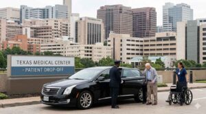 Chauffeur assisting patient with direct hospital entrance drop-off in Houston
