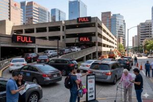 Crowded parking garage and traffic congestion at Texas Medical Center Houston
