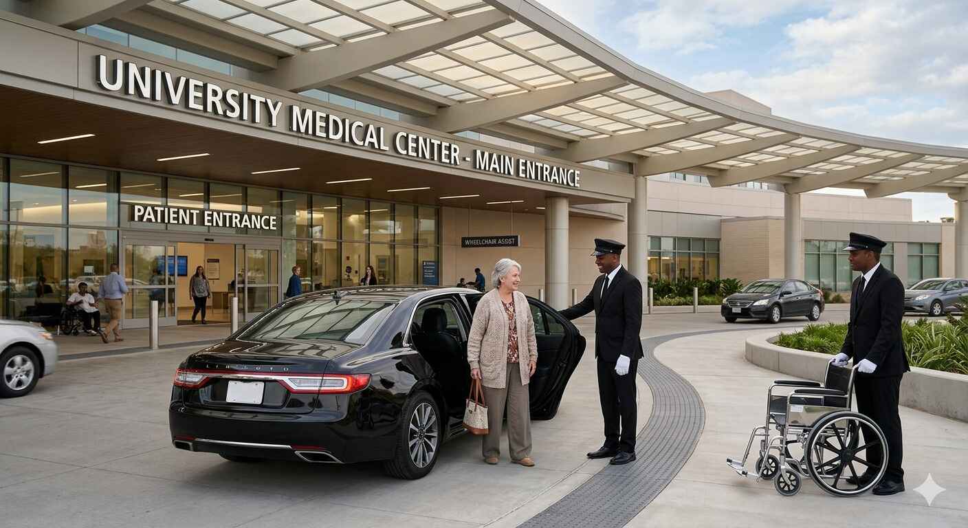 Private chauffeur dropping off patient at Texas Medical Center entrance in Houston
